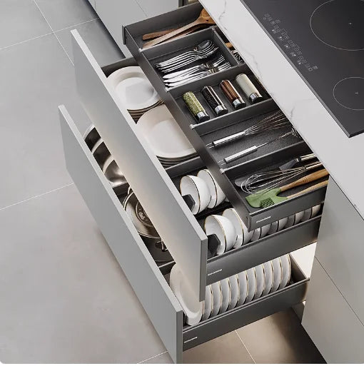 Goldmine Cabinet Organizers 3 Layers Aluminum Storage Baskets Drawers Tableware And Cookware Pullout Drawers For Kitchen