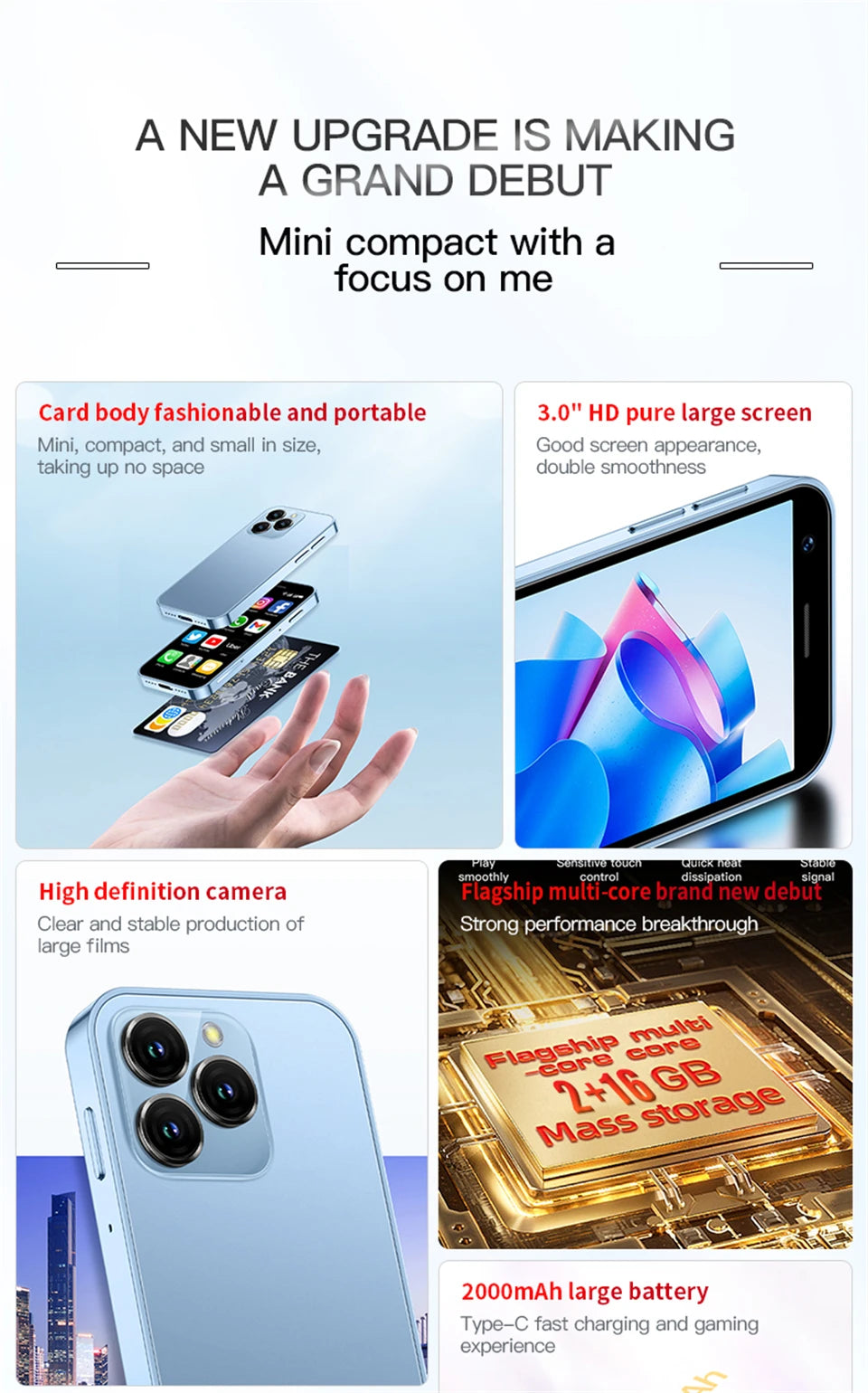 SOYES XS16 Mini Android10.0 Smartphone 4G Network 2GB RAM 16GB ROM 3" Display 5MP Camera Dual SIM With Play Store WhatsAPP