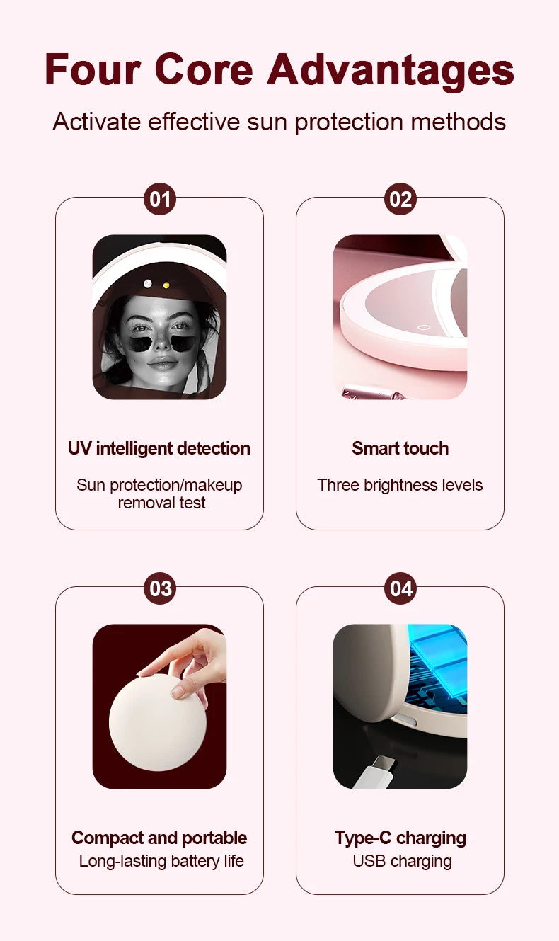 Mini Portable Makeup Mirror 2.8-Inch Display Smart LED Sunscreen Detection Compact Travel Size for Beauty On-the-Go