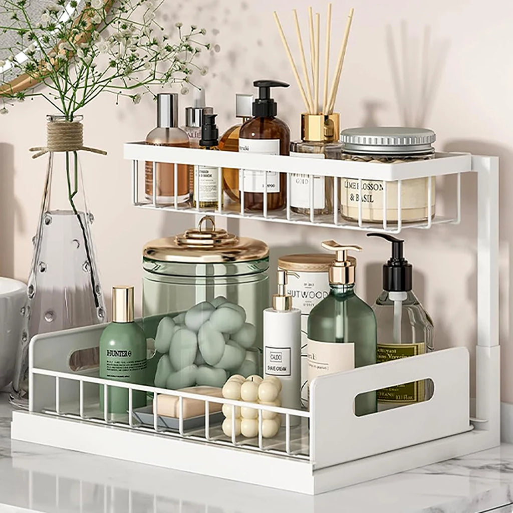 Carbon Steel Kitchen Shelf Double Space Saving Shelves Pull-out Design Countertop/Under Cabinet Dual Use