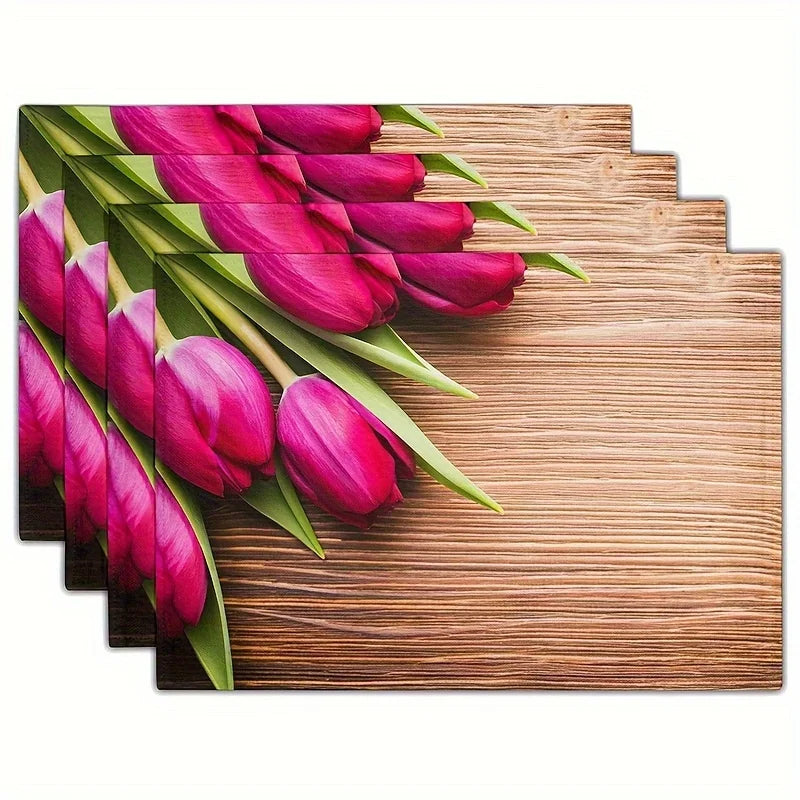 4pcs Placemats Summer Theme Floral Pattern Table Pad Set Colorful Printed Wooden Planks Table Mat For Indoor Dining Table Decor