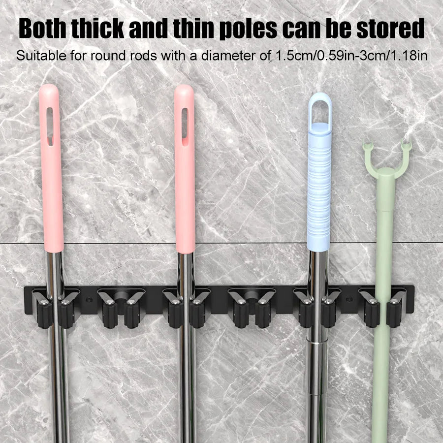Mop Broom Holder 6 Position Multi-Functional Broom Hanger Shelf Bathroom Organization Accessories Home Kitchen Storage