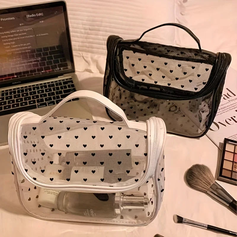 1pc Large Capacity Heart Mesh Makeup Bag Frosted Transparent Cosmetic Toiletry Organizer Travel Pouch for Office Home or Daily