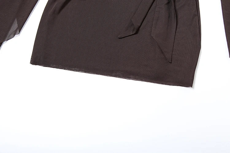 Weird Puss Mesh Sexy Summer Dress Women Cross Bandage Low-Neck Backless Flare Sleeve Midnight Coquette Midnight Party Bodycon