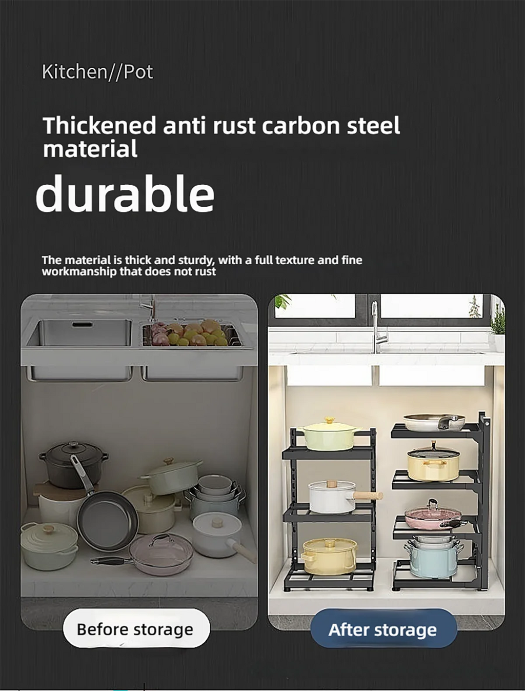 Kitchen Shelf Space-saving Kitchenware Storage Rack Adjustable Pot Rack 2-4 Tiers Under Sink/Corner Applicable