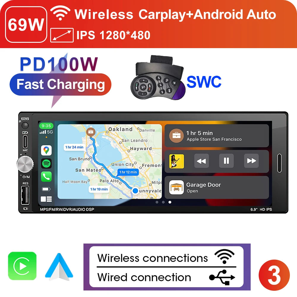 LEHX 6.9 Inch 1DIN Universal MP5 Car Radio Support Wireless Carplay Android AUTO AUX IPS Touch Screen Multimedia Video Player