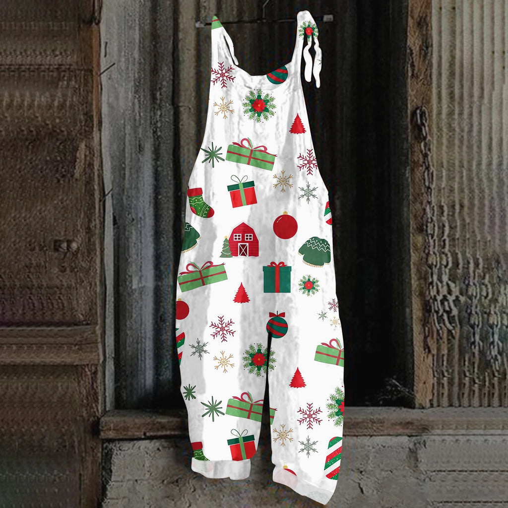 2025 Women's Fashion Christmas Printed Casual Loose Vintage Strappy Jumpsuit Retro Festival Pants New Year Themed Clothing
