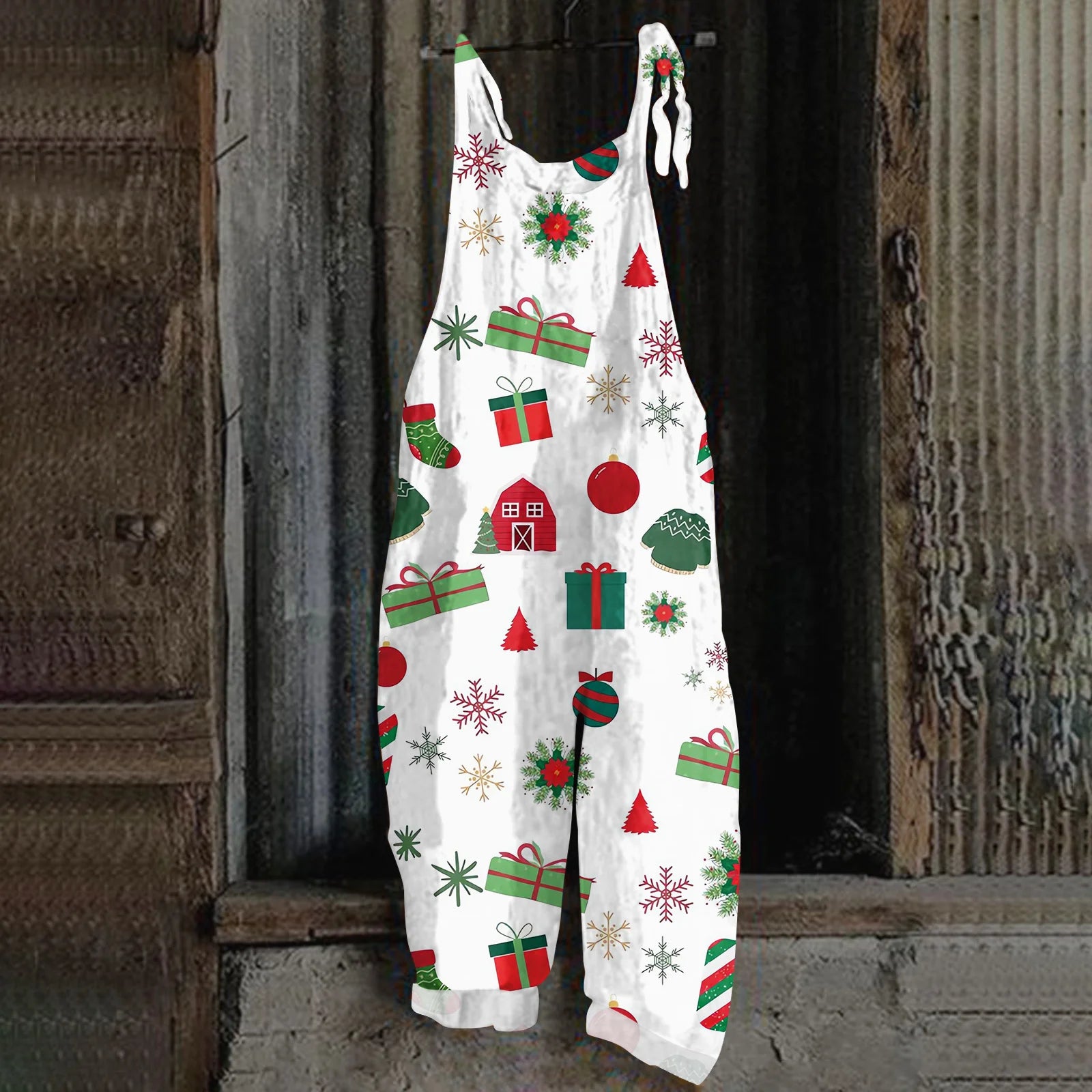 2025 Women's Fashion Christmas Printed Casual Loose Vintage Strappy Jumpsuit Retro Festival Pants New Year Themed Clothing