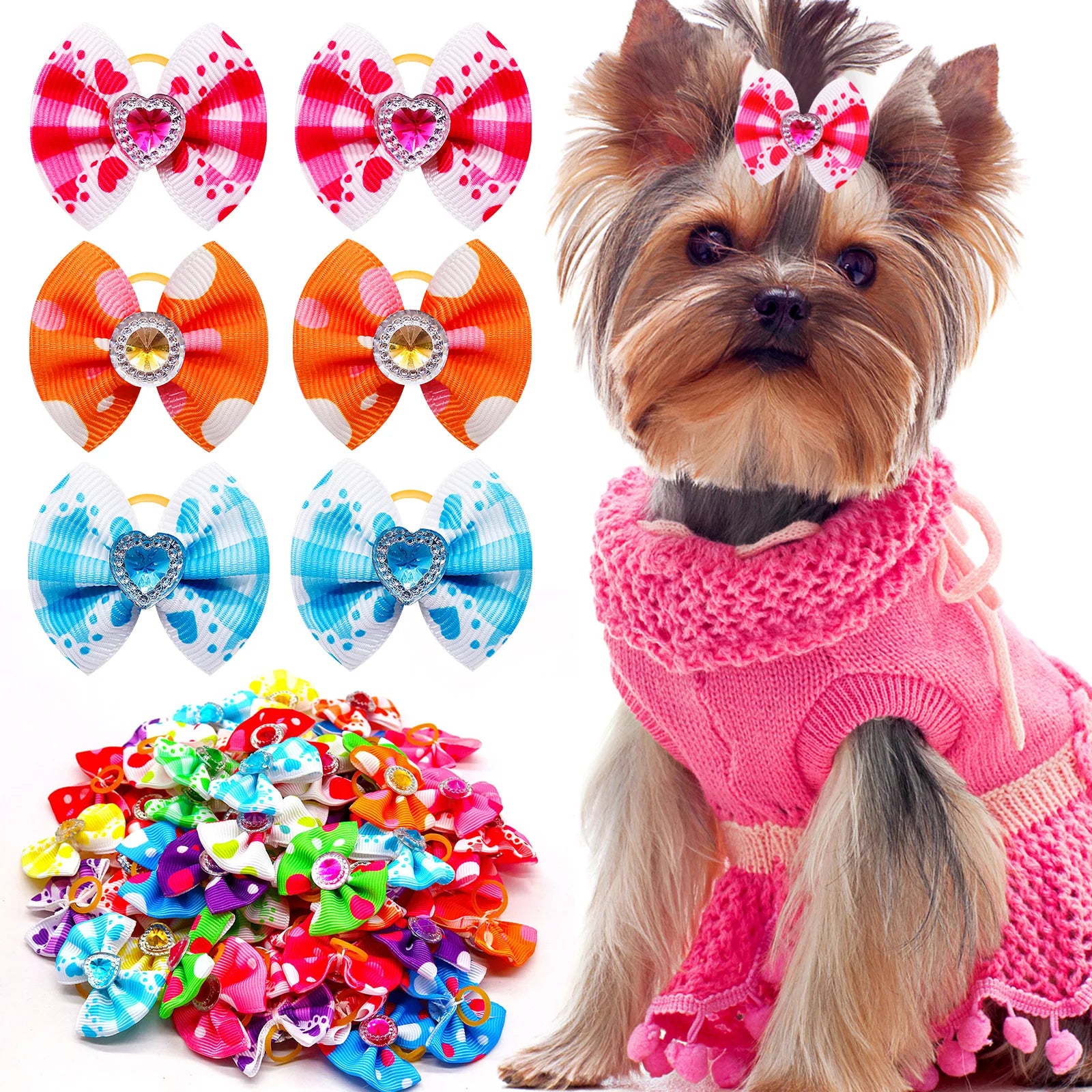 20pcs Dog Hair Bows Dog Bows with Diamond Colorful Grooming Rubber Band for Small Dog Pet Girls Grooming Hair Accessories
