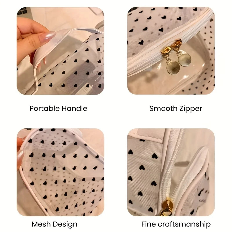 1pc Large Capacity Heart Mesh Makeup Bag Frosted Transparent Cosmetic Toiletry Organizer Travel Pouch for Office Home or Daily