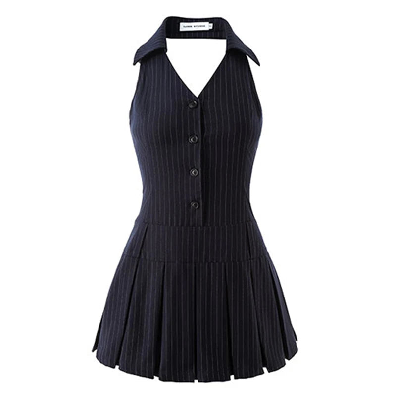 Summer Women Fashion Mini Halter Party Pleated Dress A-line Backless Black Striped V Neck Frocks Sexy Gyaru Y2k Streetwear Prom