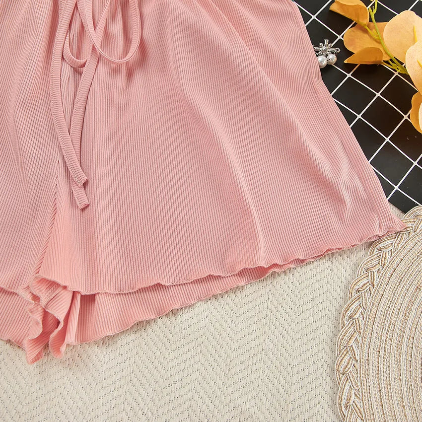 Women's Pajamas Long-sleeved Navel Leakage Top Shorts Set Knitted Fabric Comfortable Soft Breathable Fashion Simple Homewear