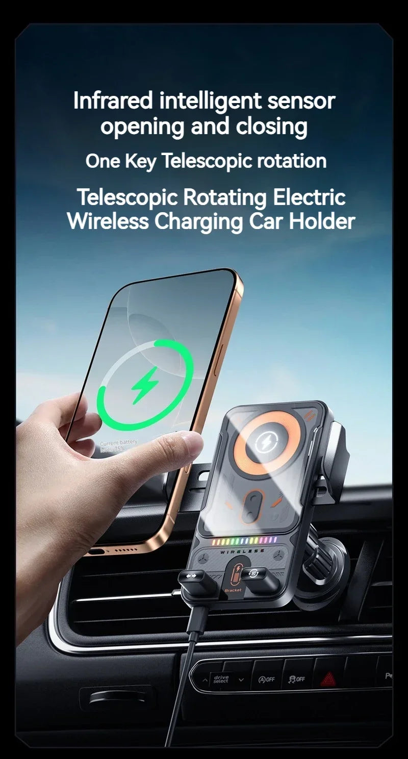 Auto-Clamping RGB Light Car Wireless Charger Phone Holder Stand Touching 360 Rotation Fast Charging Bracket For iPhone Samsung