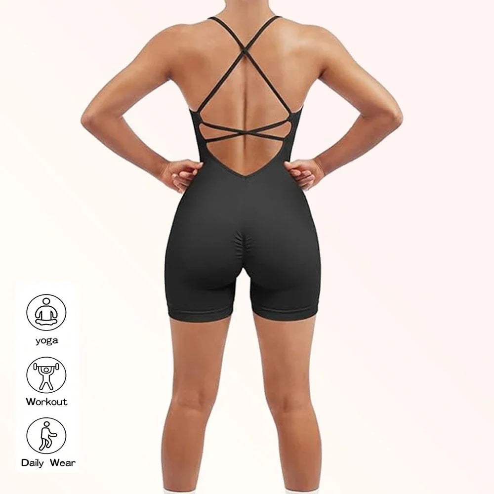 Yoga Sxy Criss Cross Backless Cami Sports Romper,Women's Jumpsuits Ribbed One Piece Workout Sleeveless Rompers Tank Top Shorts