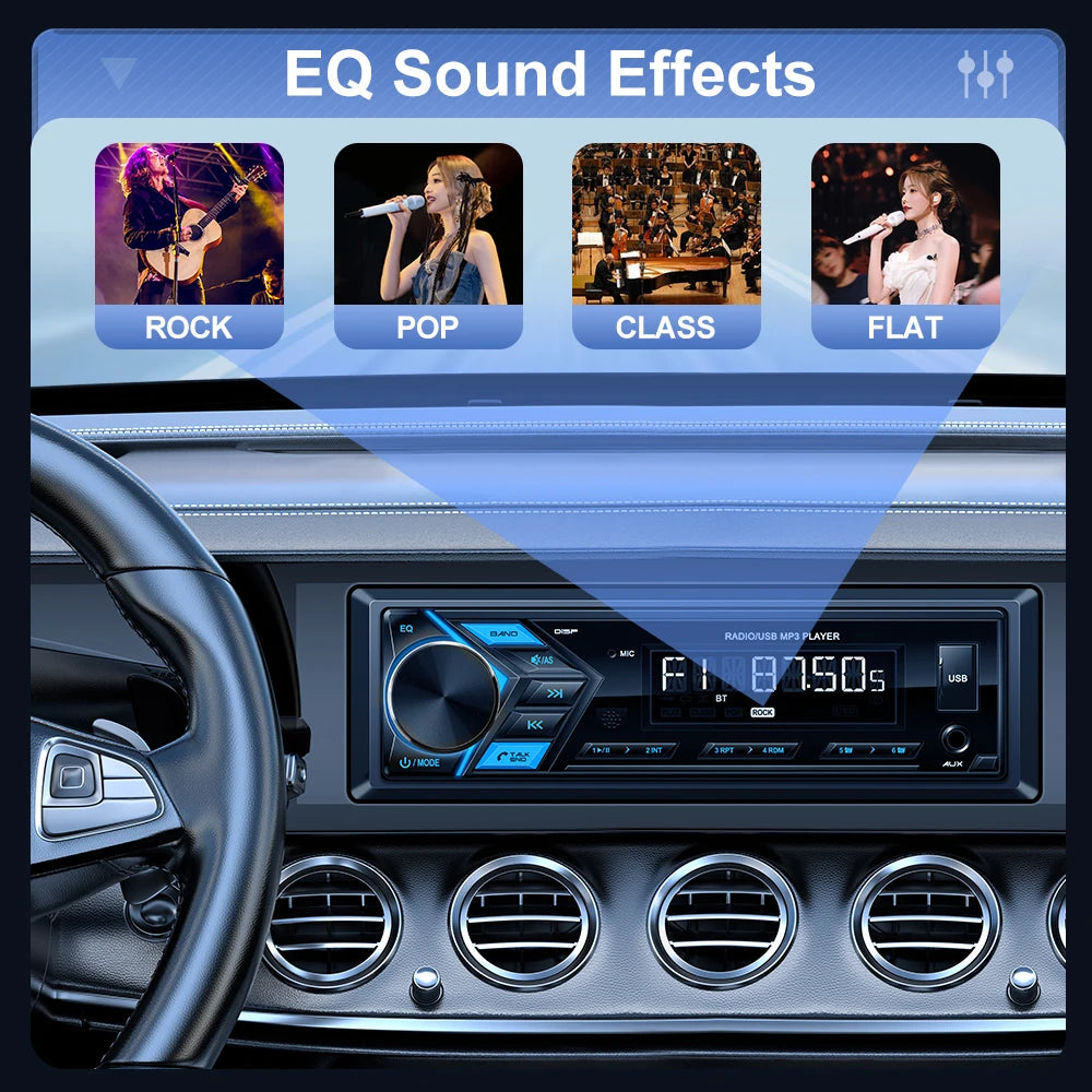 AKAMATE Car Radio MP3 Multimedia Player Audio FM Radio Support Phone Charging Bluetooth EQ AUX USB Detachable Panel 1Din Radio