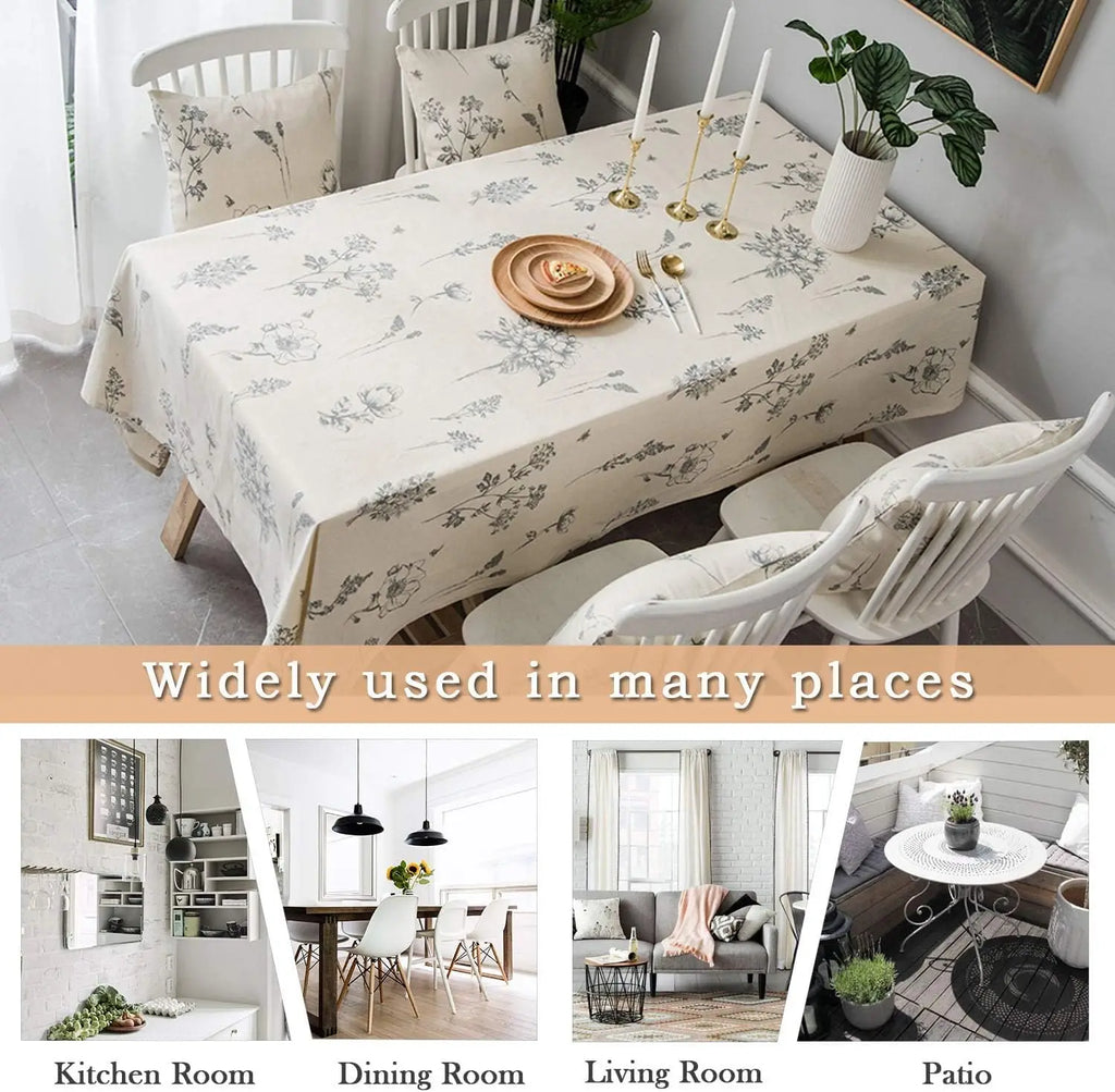 Print Cotton Linen Tablecloth Rustic Garden Natural Botanical Decorative Table Cover for Kitchen Dining Spring Summer Picnic
