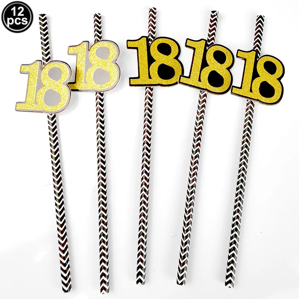 18th Birthday Decors for Boys Girls Black Gold Party Banner Balloon Tablecloth Plate Cup Napkin 18 Years Birthday Party Supplies