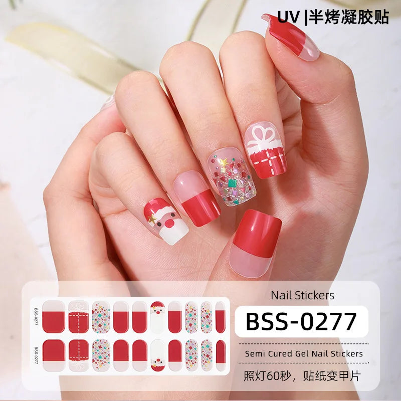 20/22tipsChristmas Semi Cured Nail Sticker UV Led Lamp Semi Cured Gel Design Nail Decals Waterproof Nail Stickers Nail Manicure