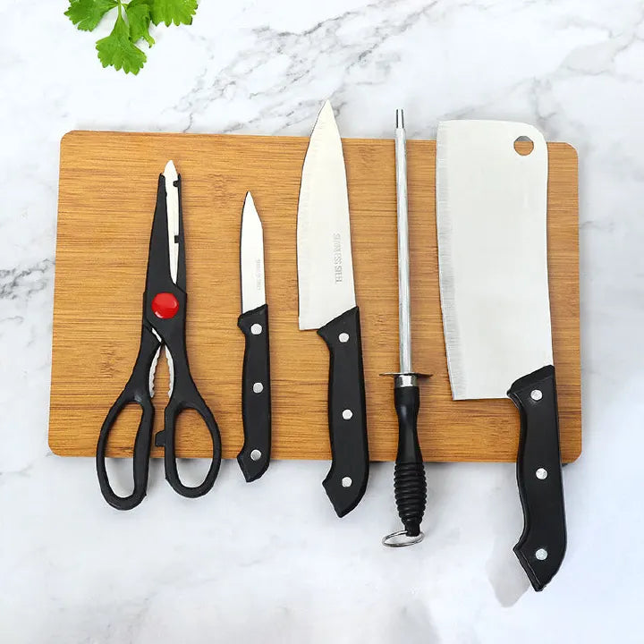 6-Piece Stainless Steel Kitchen Knife Set with Bamboo Cutting Board Sharpener
