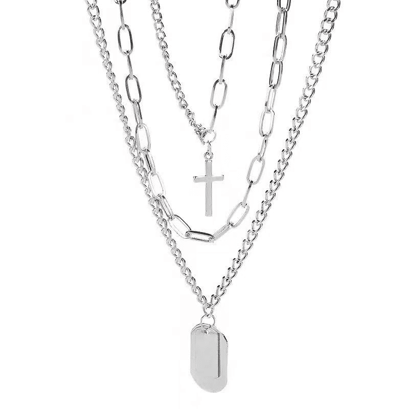 Trendy Men's 3-Piece Multi-Layer Hip Hop Silver Chain Necklace Set