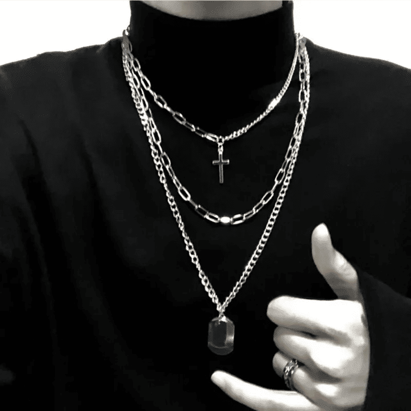 Trendy Men's 3-Piece Multi-Layer Hip Hop Silver Chain Necklace Set