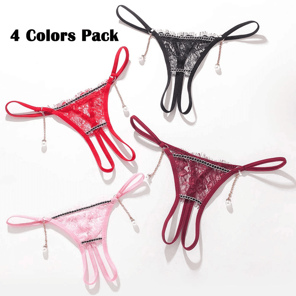 Women's 4-in-1 Pack Sexy Lace Crotchless G-String Thong Lingerie Set