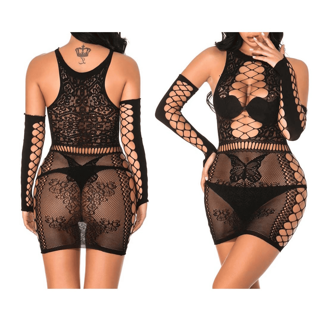 Women's Alluring Fishnet Bodystocking Lingerie - Stretch Open Front Bodysuit with Sleeves