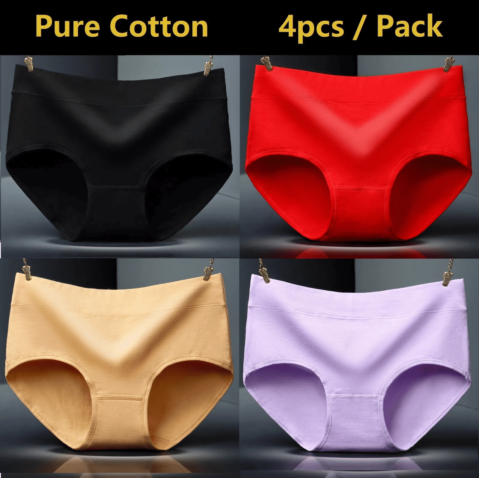 4-Pack Pure Cotton Women's Mid-Waist Breathable Seamless Soft Briefs Underwear