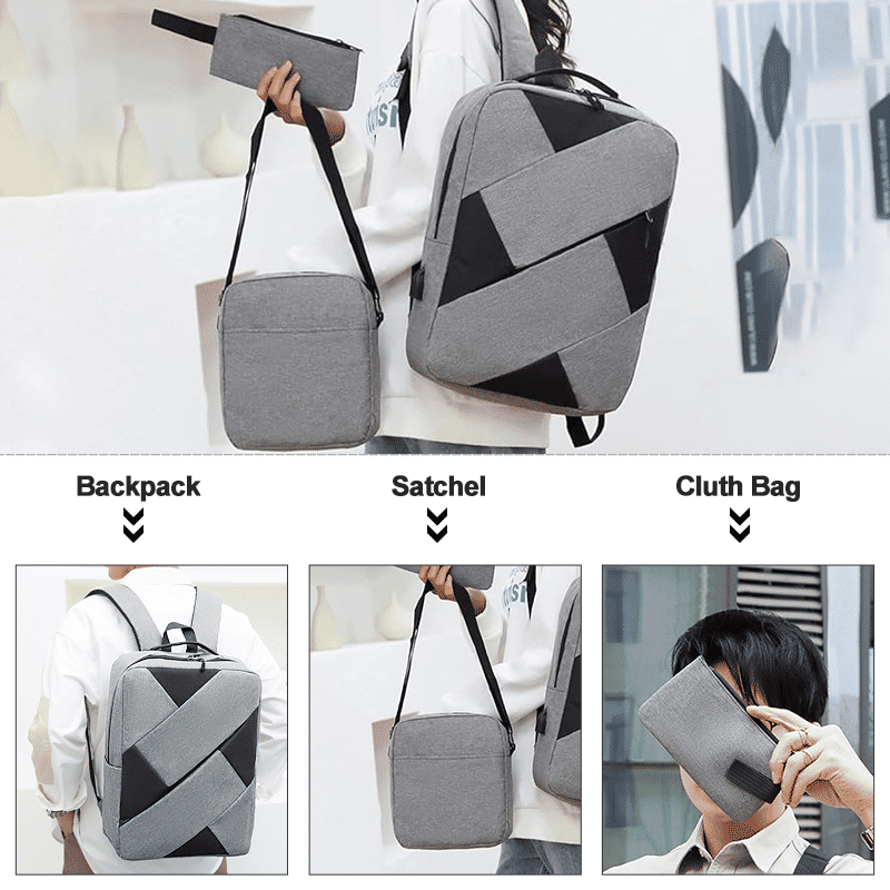 Men's Large Capacity Laptop Backpack Set with USB Charging Port