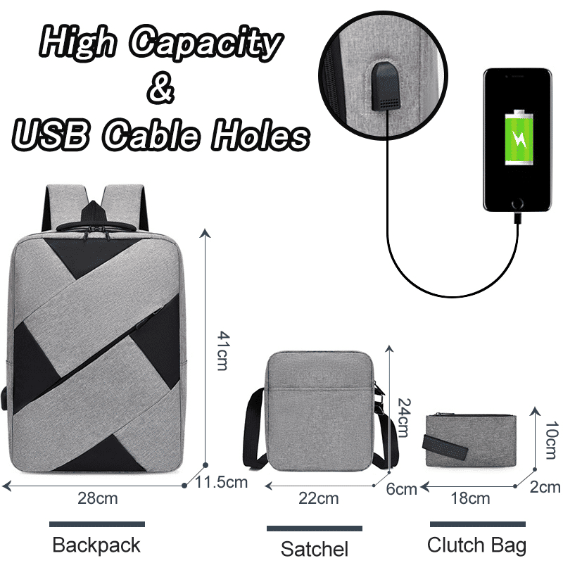Men's Large Capacity Laptop Backpack Set with USB Charging Port