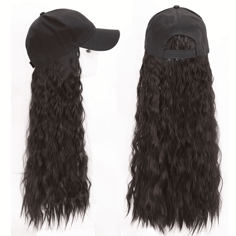 Lustrous Black Curly Hat Wig - Premium Synthetic Hair, 26 Inch, Fashion Cap