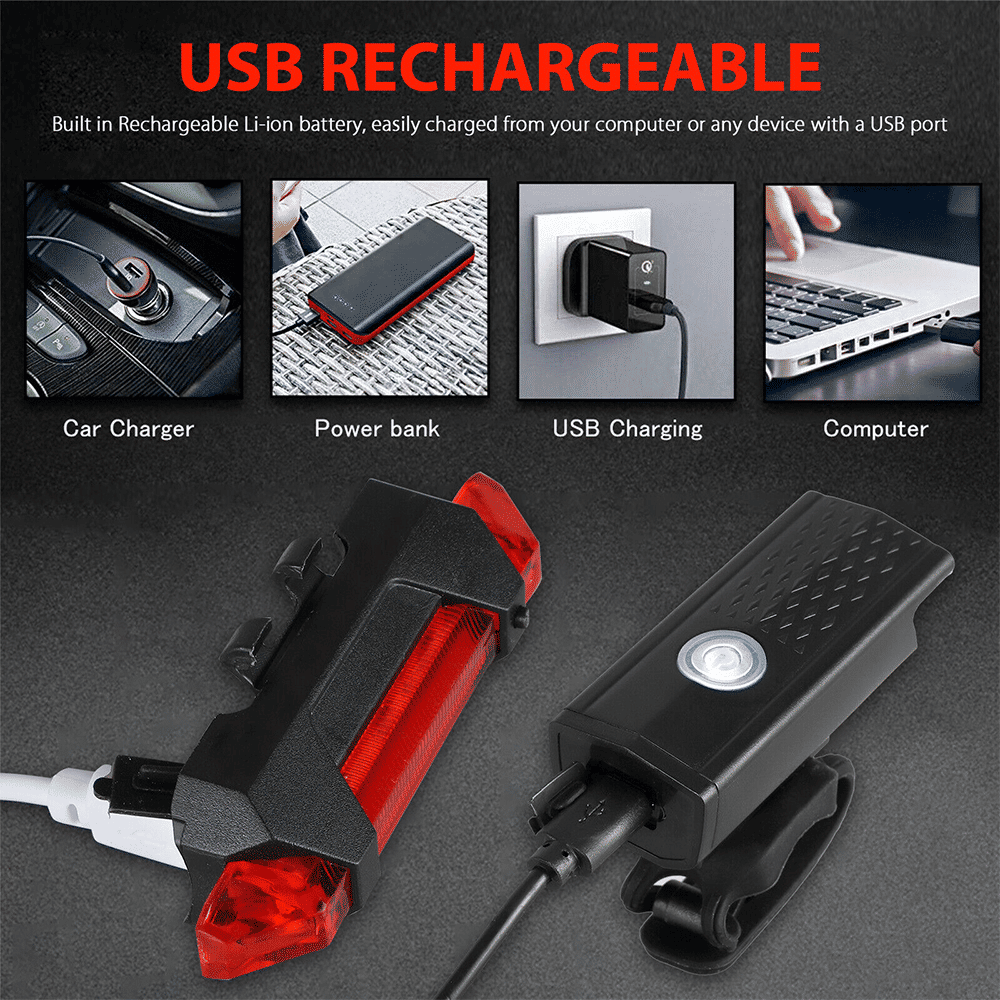USB Rechargeable LED Bike Light Set: Front Headlight, Rear Taillight