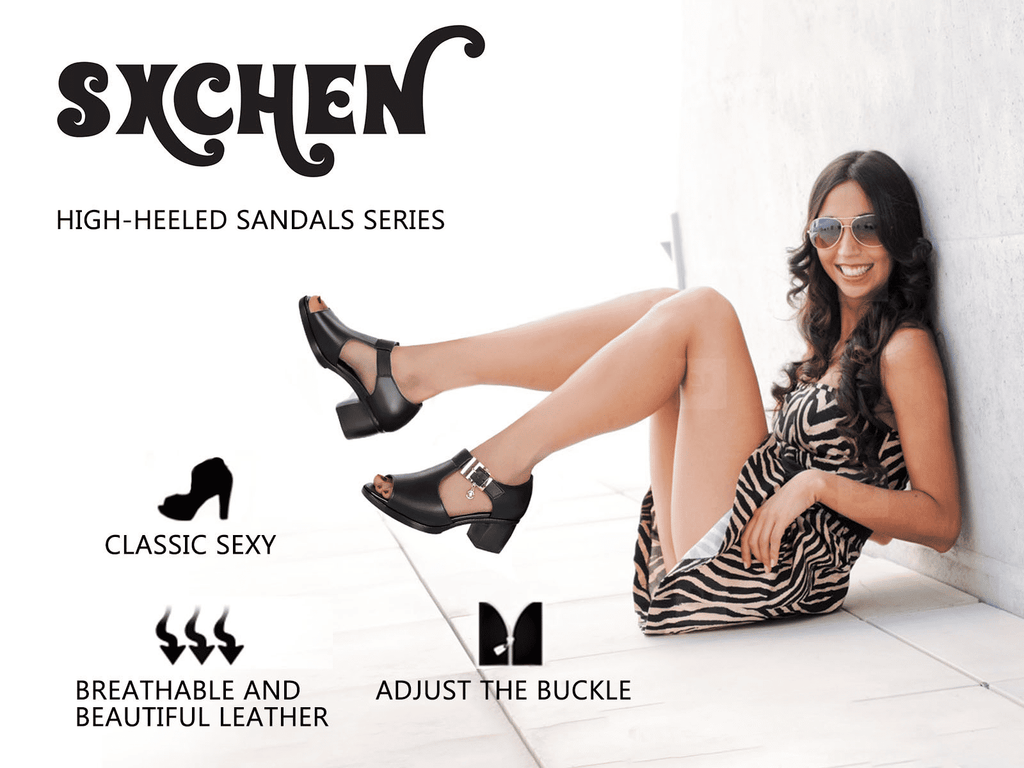 SXCHEN Ladies Roman Fish Mouth Sandals - Versatile Thick Mid-Heel, Comfortable Non-Slip