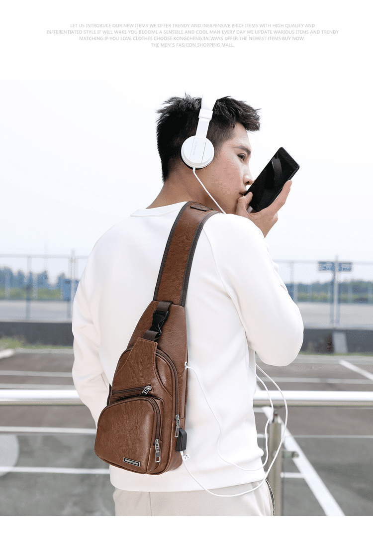 Men's PU Leather USB Charging Port Sling Chest Bag - Durable & Stylish