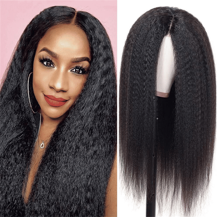 Luxurious 26-Inch Kinky Straight Synthetic Black Wig for Women - Natural Smooth Look