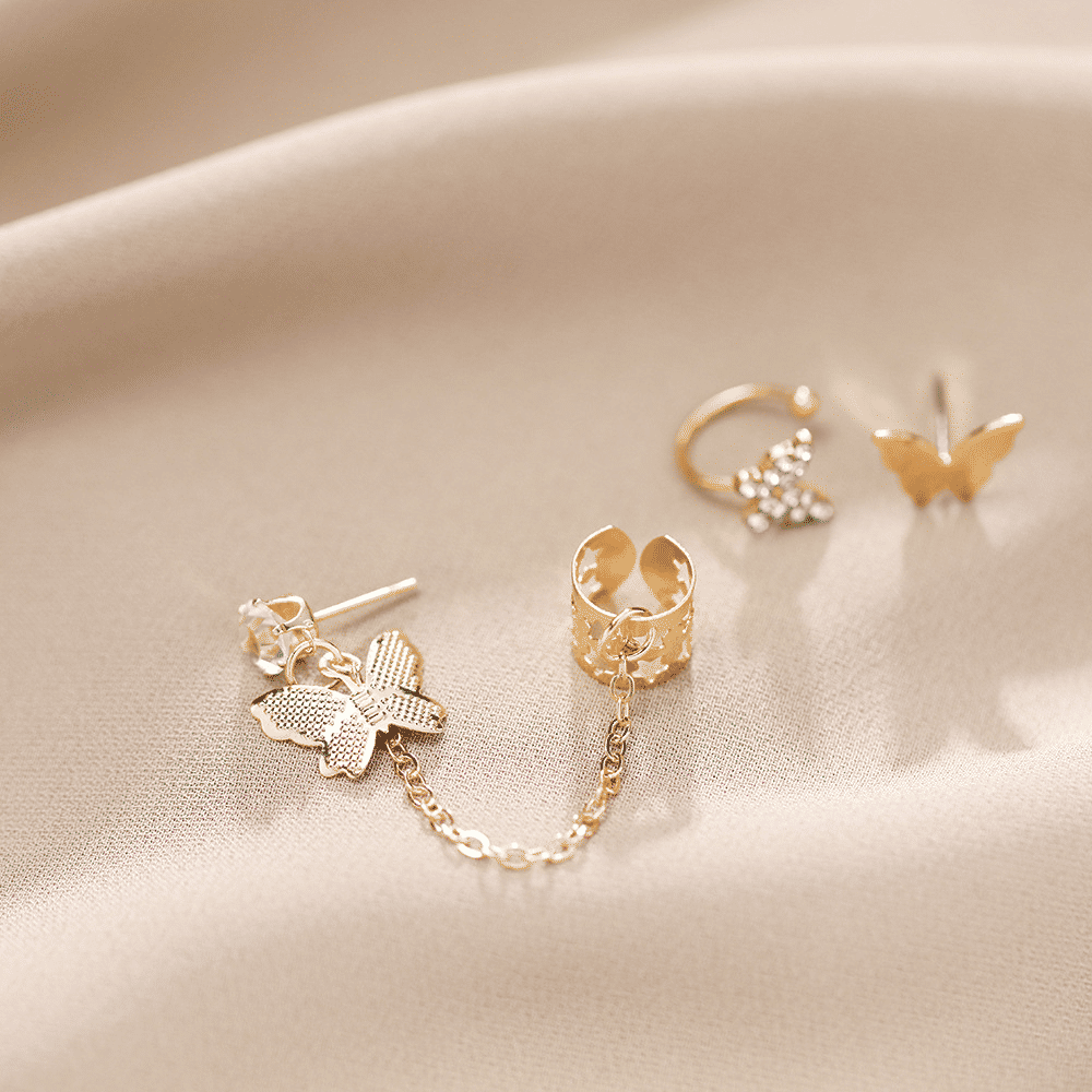 WOW Jewelry 5-Piece Butterfly Tassel Earring Set - Golden Needle Electroplated Clip