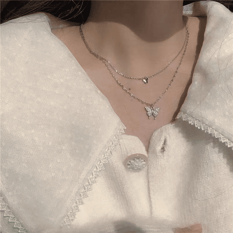 Elegant Butterfly Double-Layer Silver Necklace for Women - Fashion Accessory Gift