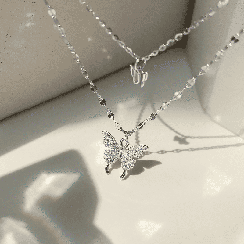Elegant Butterfly Double-Layer Silver Necklace for Women - Fashion Accessory Gift