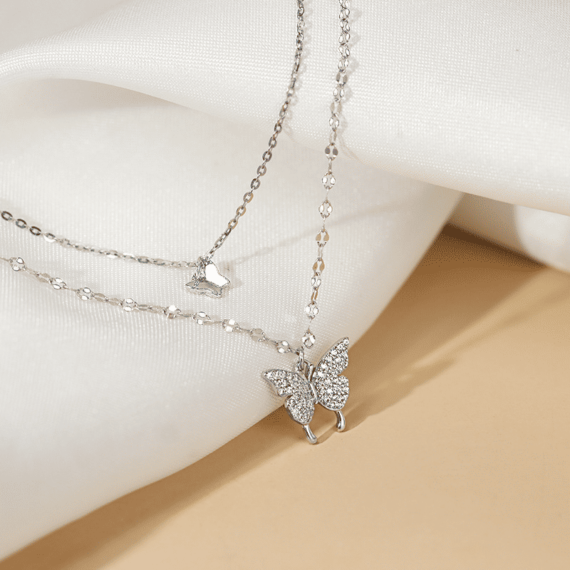 Elegant Butterfly Double-Layer Silver Necklace for Women - Fashion Accessory Gift