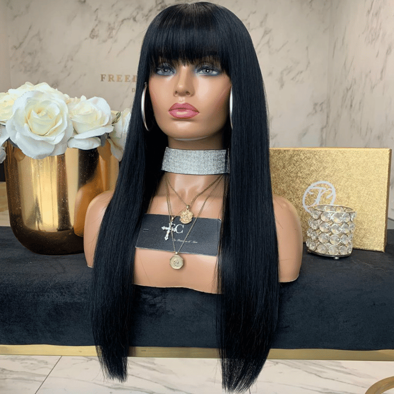 Natural Black Long Straight Synthetic Wig with Neat Bangs for Women