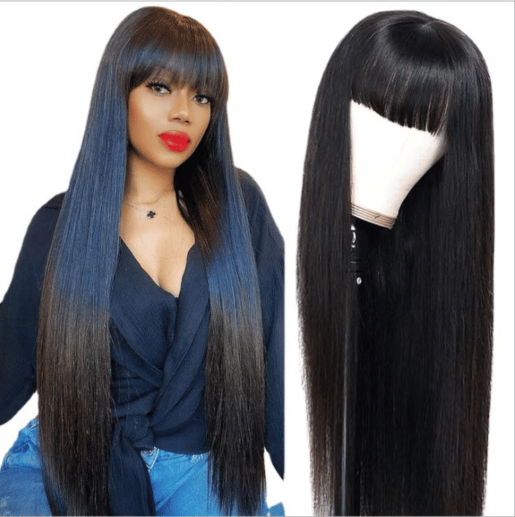 Natural Black Long Straight Synthetic Wig with Neat Bangs for Women