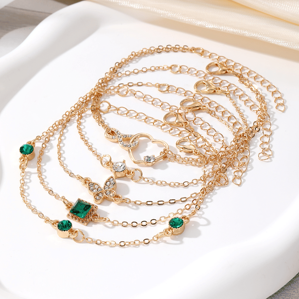 Chic Adjustable Green Gemstone Gold Stackable Heart Bracelet Set for Women