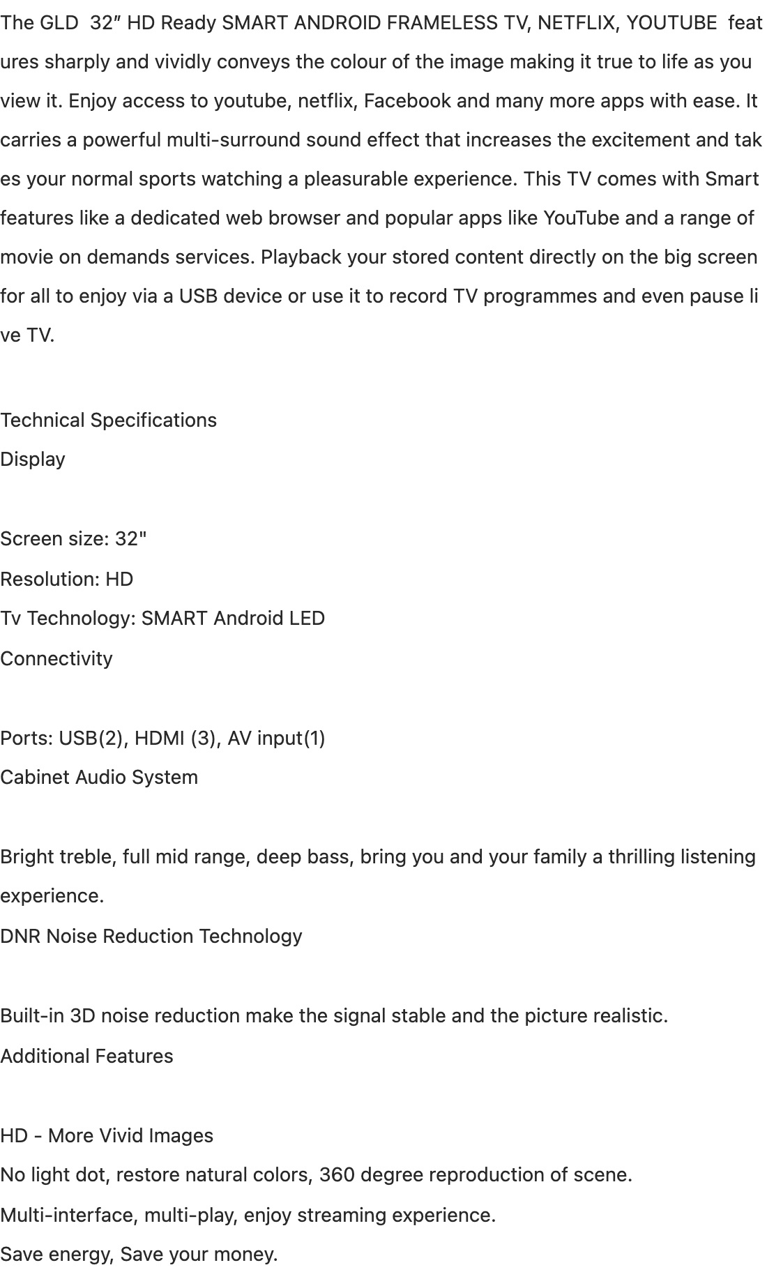 GLD 32-inch Frameless Smart Android LED TV for Netflix & More