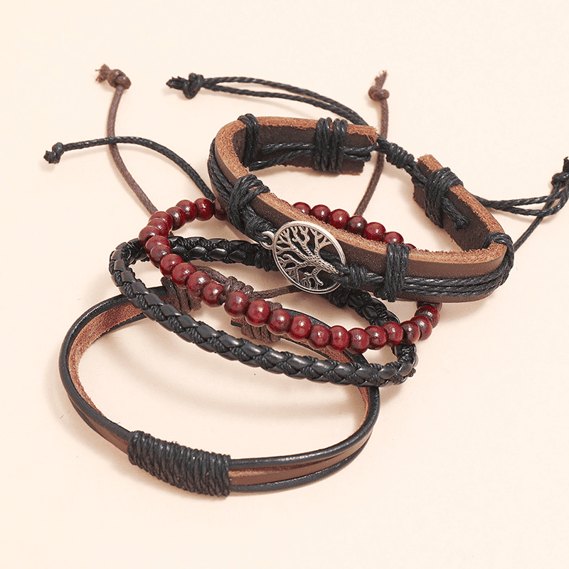 Men's 4-Piece Vintage Braided Leather Bracelet Set - Life Tree Rudder Charm Wood Beads