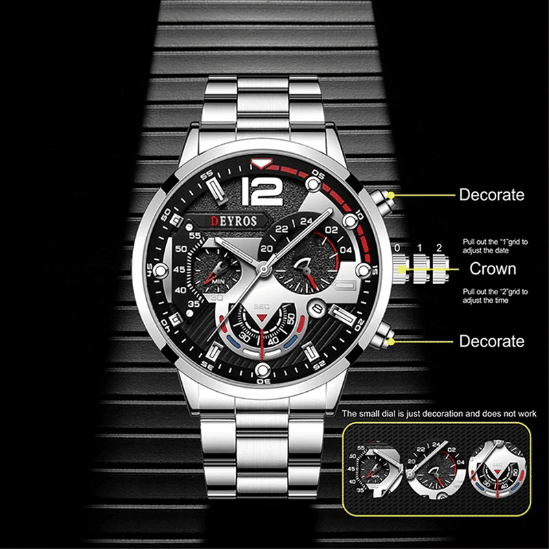 Luxury Men's Stainless Steel Quartz Watch with Luminous Calendar Display