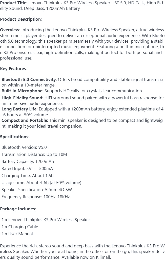 Lenovo Thinkplus K3 Pro Wireless Speaker: BT 5.0, HD Calls, Deep Bass, 1200mAh Battery Portable