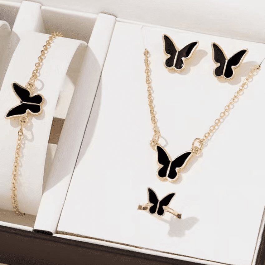 2024 Winter Fashion Alloy Butterfly Four-Piece Jewelry Set - Necklace, Earrings, Bracelet