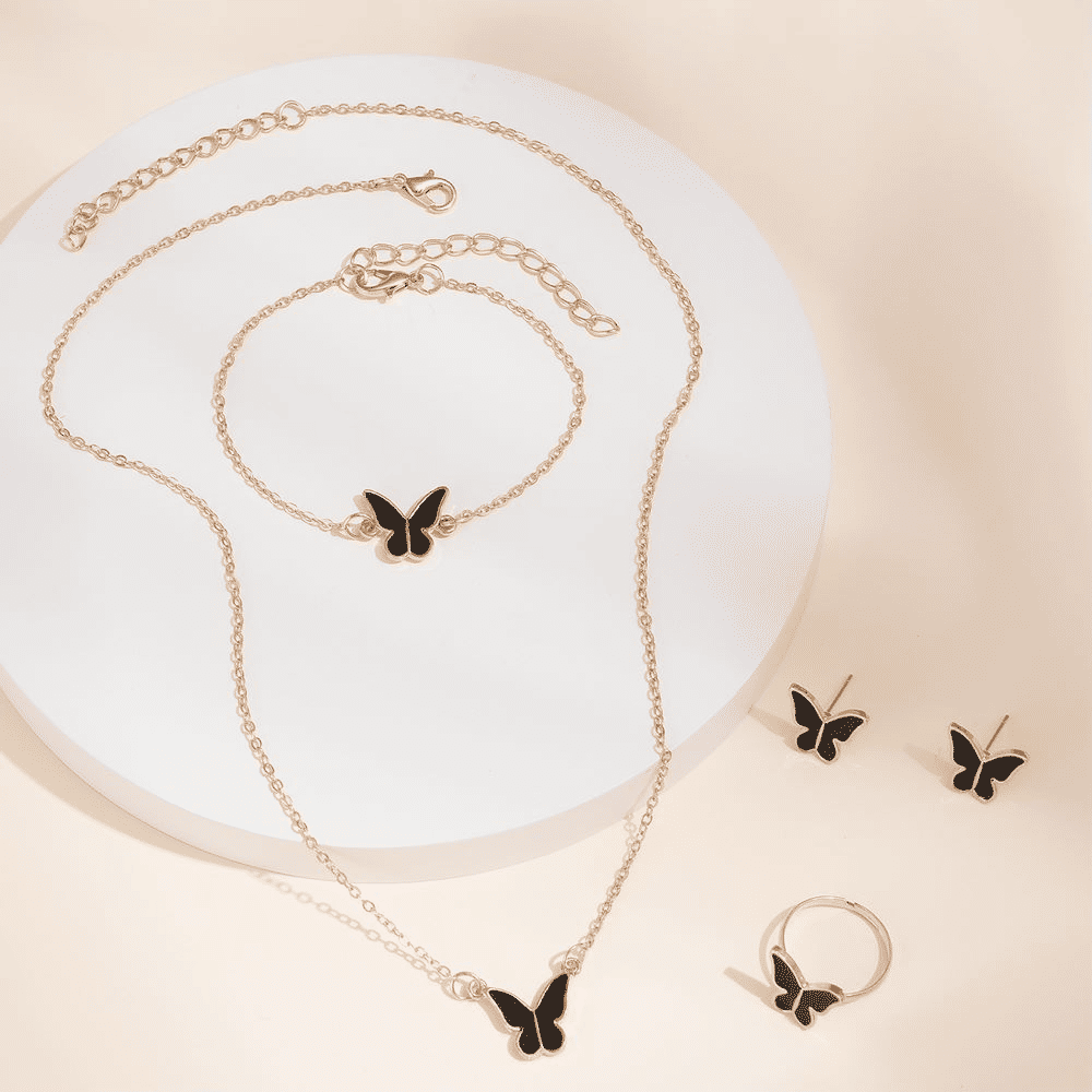 2024 Winter Fashion Alloy Butterfly Four-Piece Jewelry Set - Necklace, Earrings, Bracelet