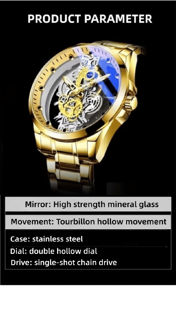 TIGERAO Luxury Automatic Mechanical Men's Watch, Transparent Hollow, Waterproof, Luminous