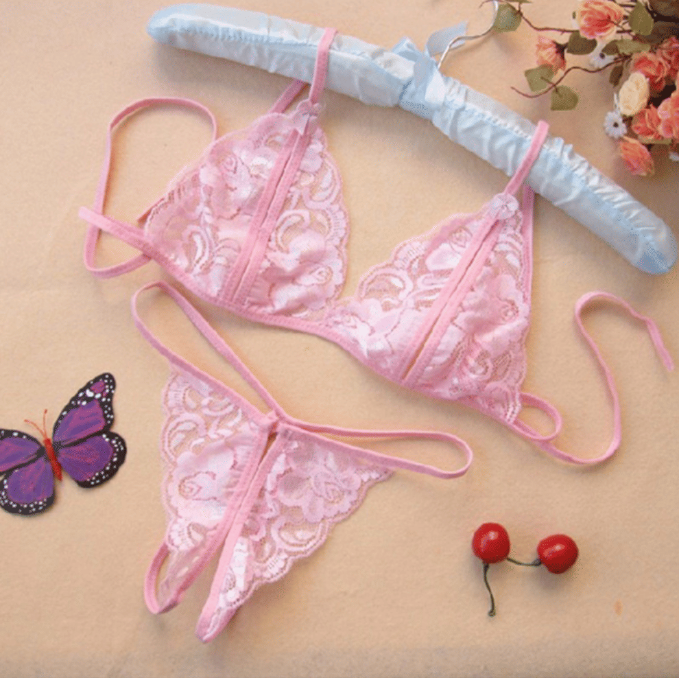 Sensual Three-Point Open Cut Lace Lingerie Set with Thong for Women